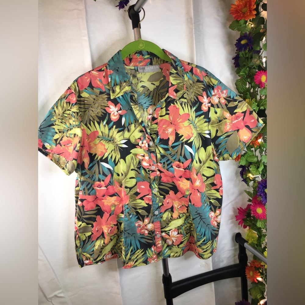 Sag Harbor Sport | Women’s Short Sleeve Tropical Pattern Button Down Blouse Top